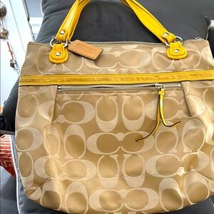 Coach Beige Signature Tote with Yellow Trim and Handles